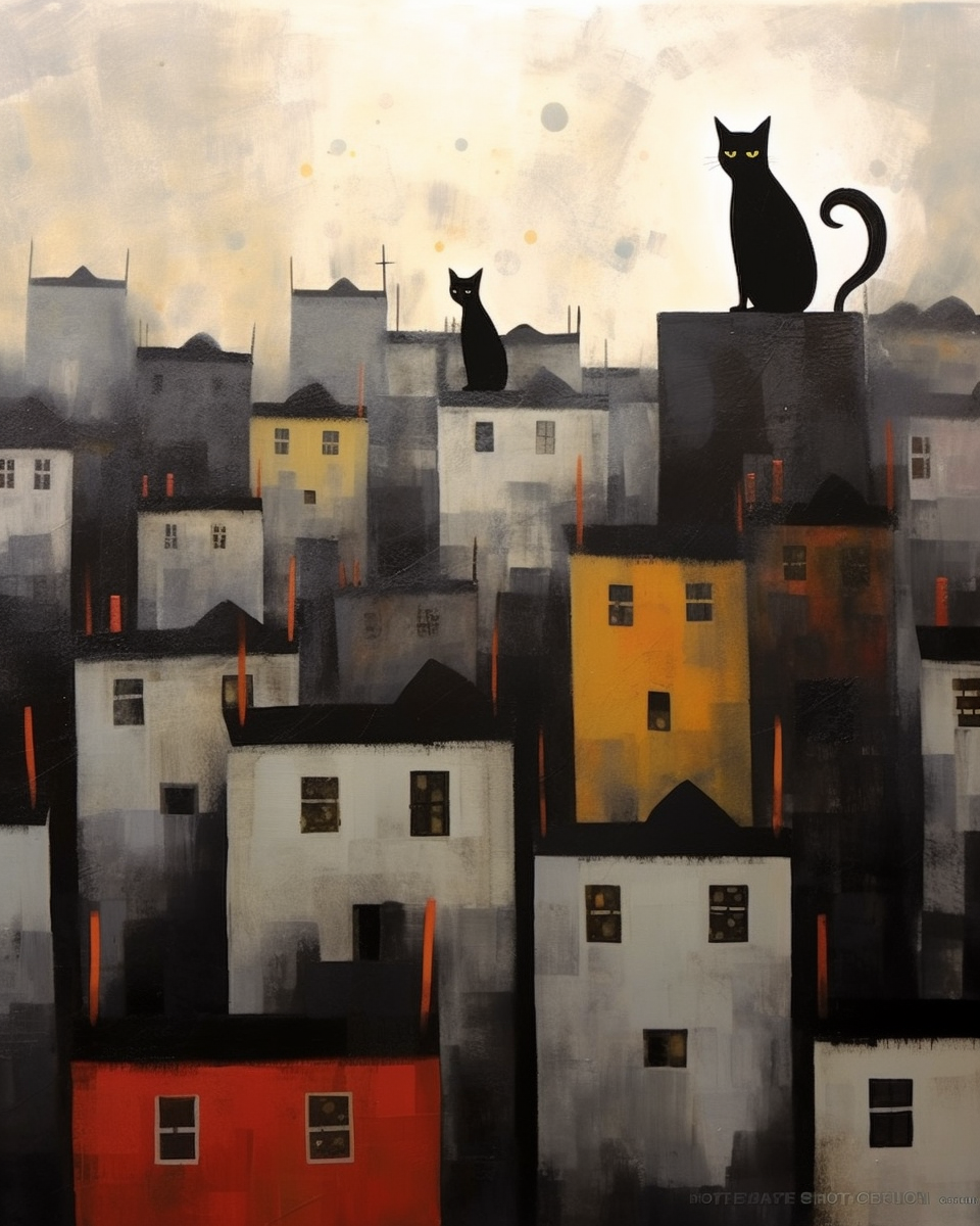 4.  Cats on City Roofs  - Charming Illustration of Feline Enjoyment