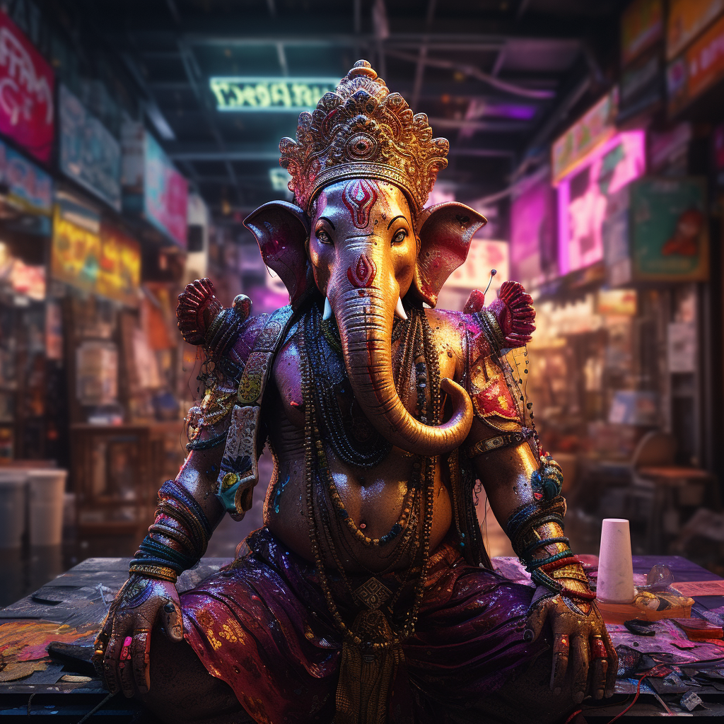 4.  Close-up portrait of Ganesha at night