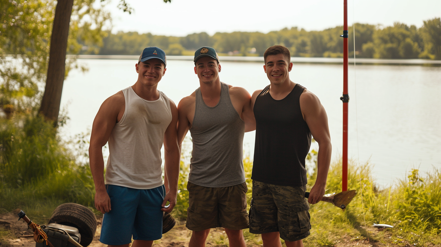 4.  Three friends posing with bluegill fishes in front of a lake