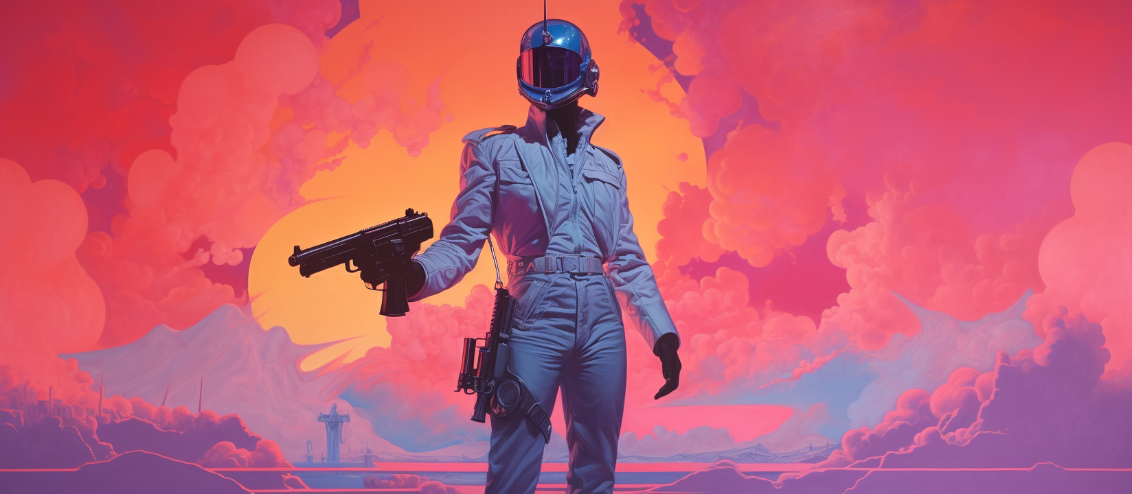 4. Colorful cyborg agent holding laser pistol at sunset