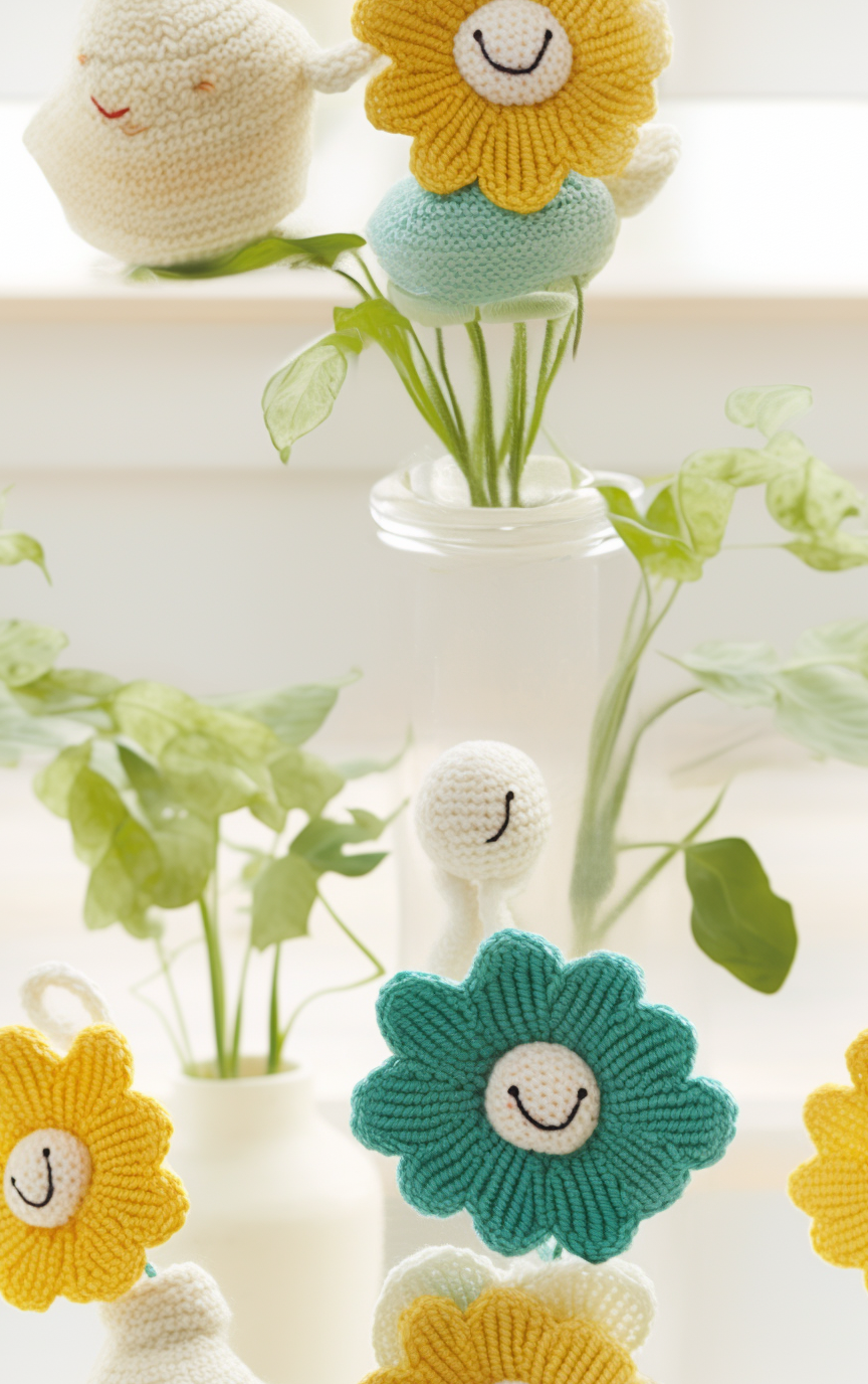 Handcrafted knitted design with cute sheet ghosts, flowers, and plants