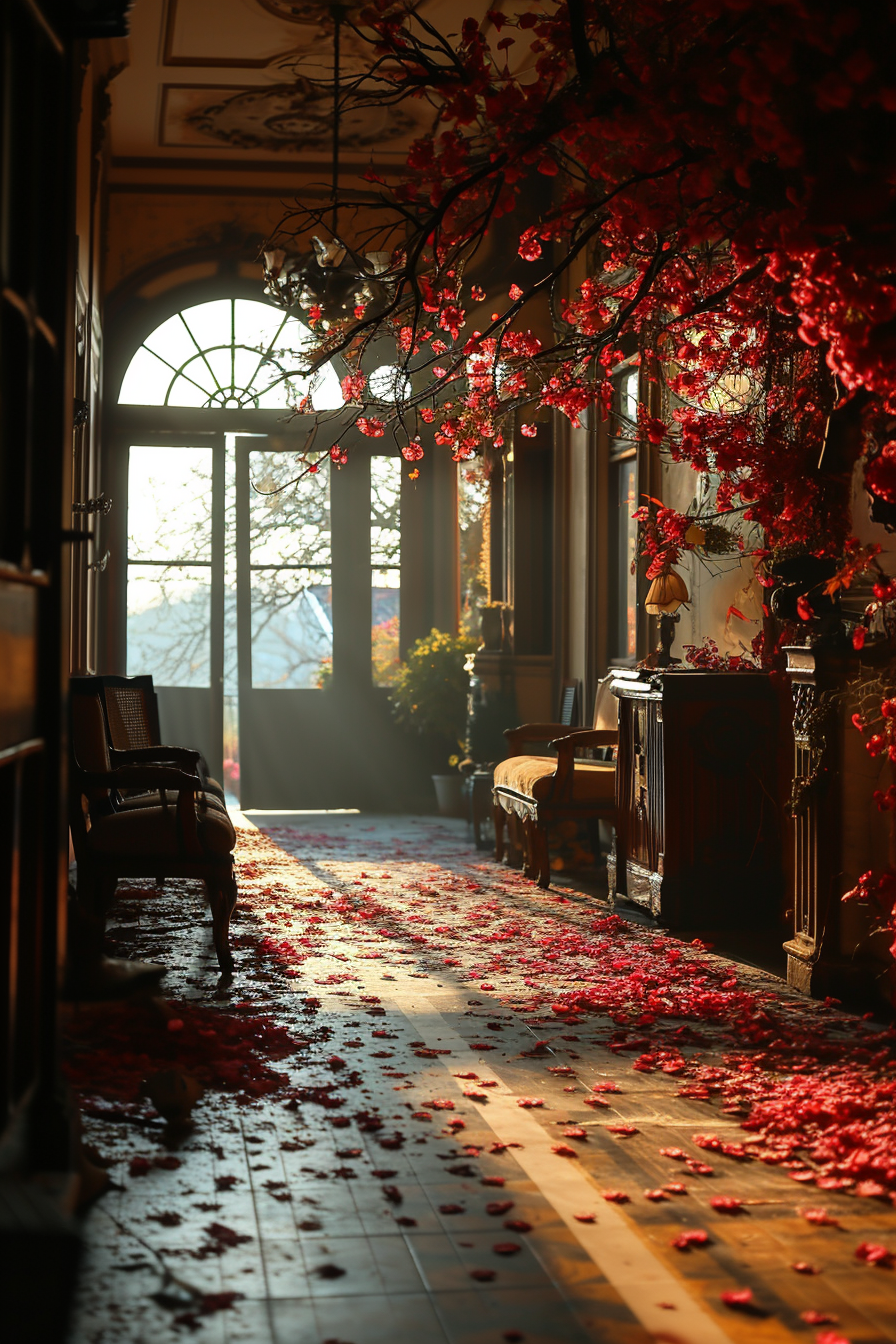 4. Image of peaceful house with rose petals falling