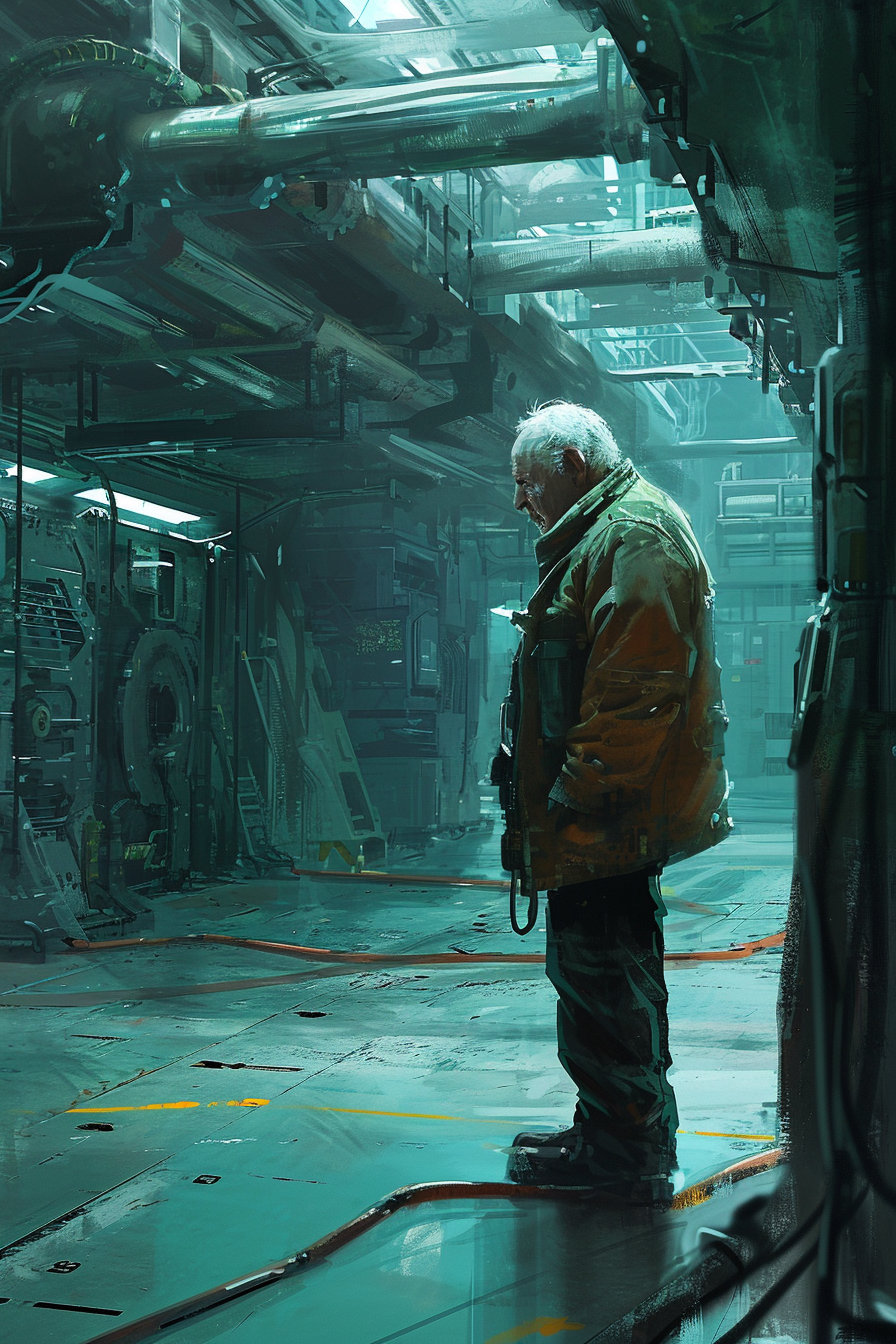 Old man in mechanic's suit in futuristic interior