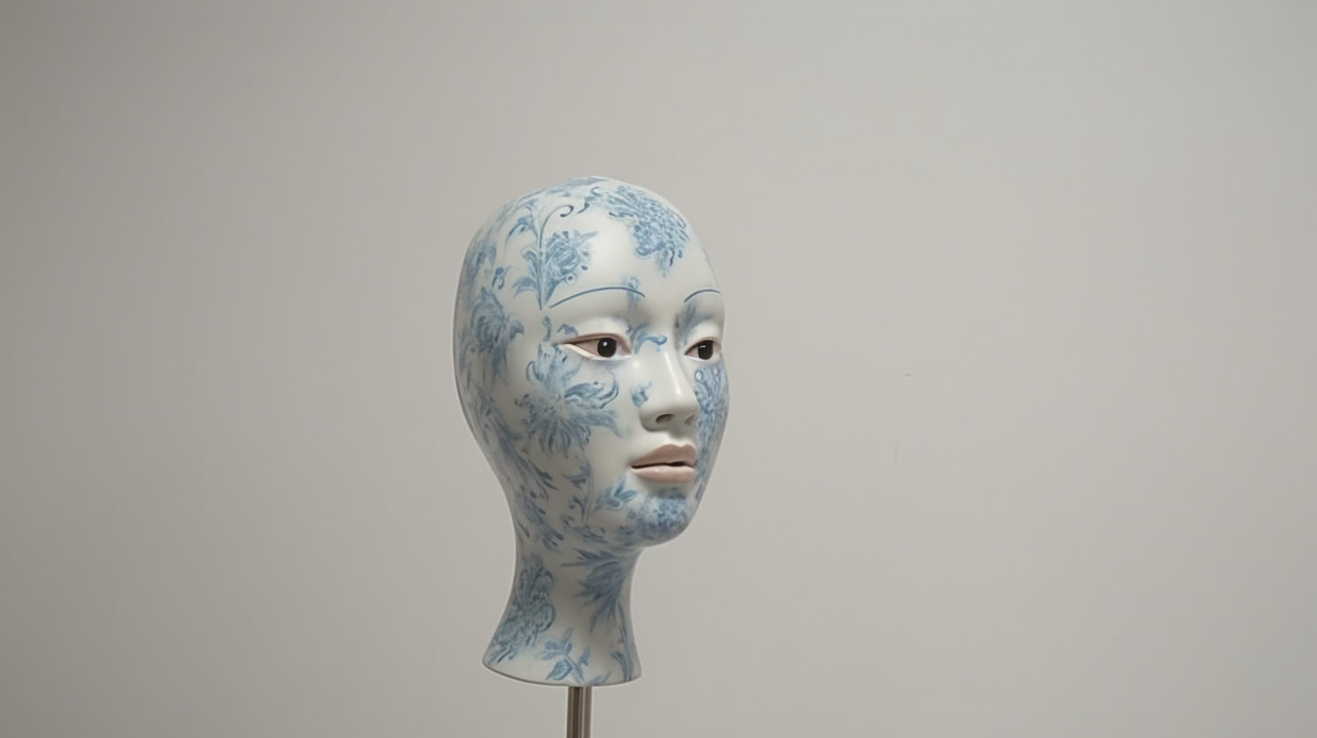 4. Alt text for the image of an Asian woman with blue and white porcelain