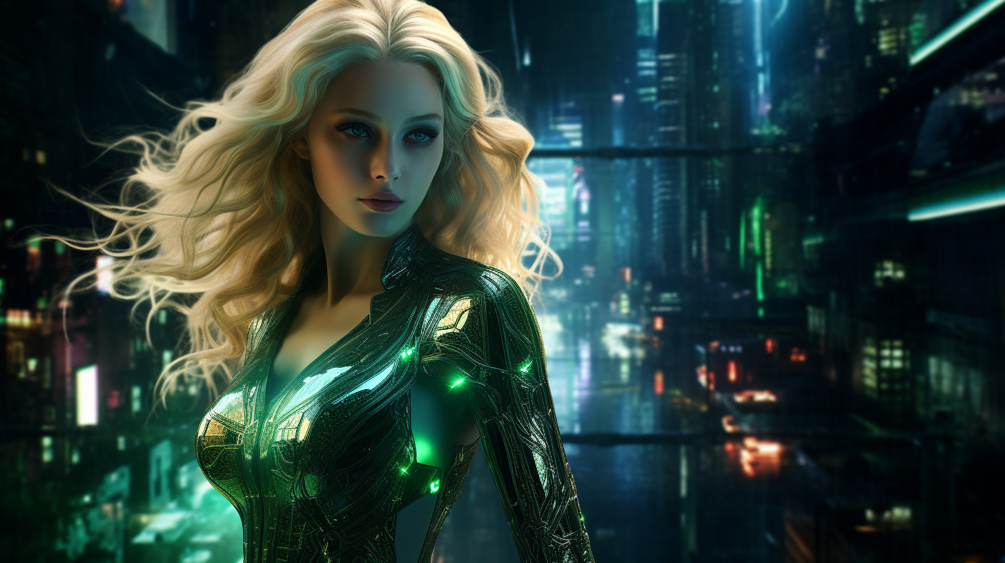 4. Beautiful woman with cascading blonde hair in futuristic metropolis