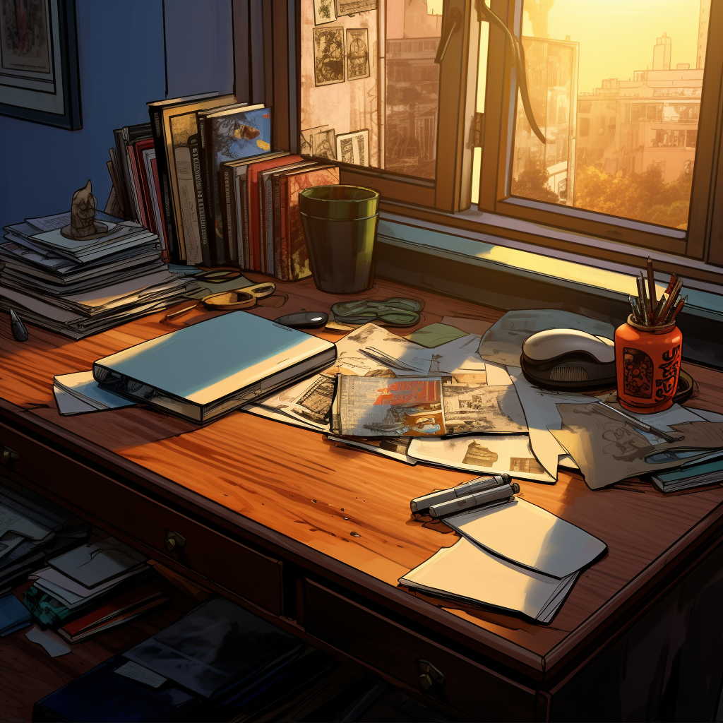 4. An image of a desk with books and a comic style design.