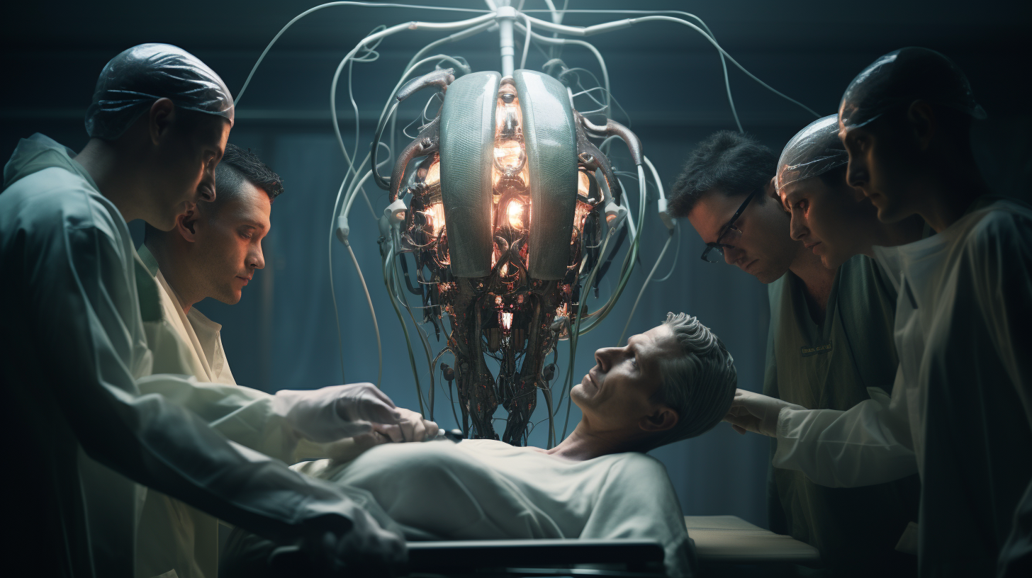 4. Humanoid robots performing brain transplant surgery.