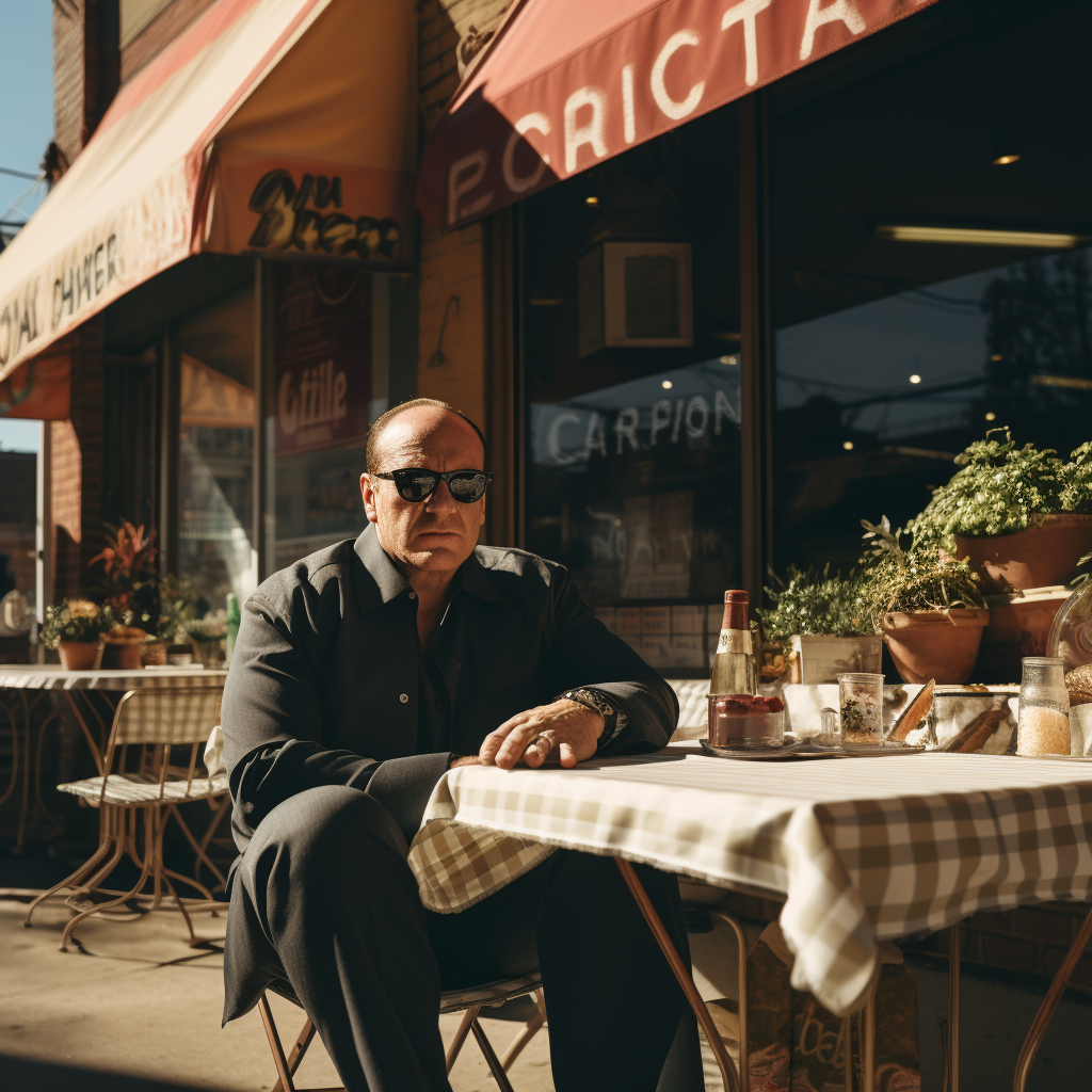 Tony Soprano sitting at Satriale store with sunglasses and cappuccino