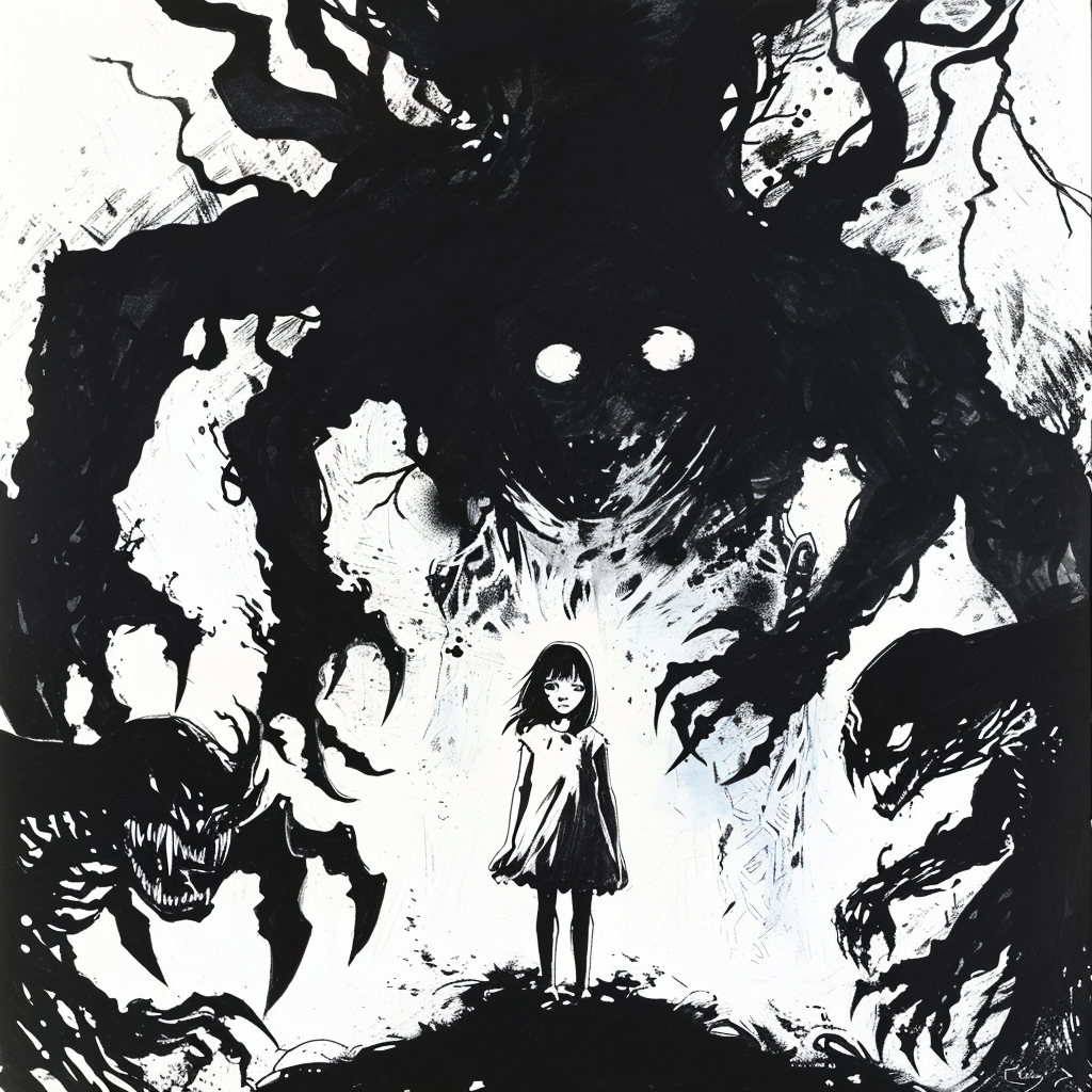 Scared girl surrounded by shadow monsters