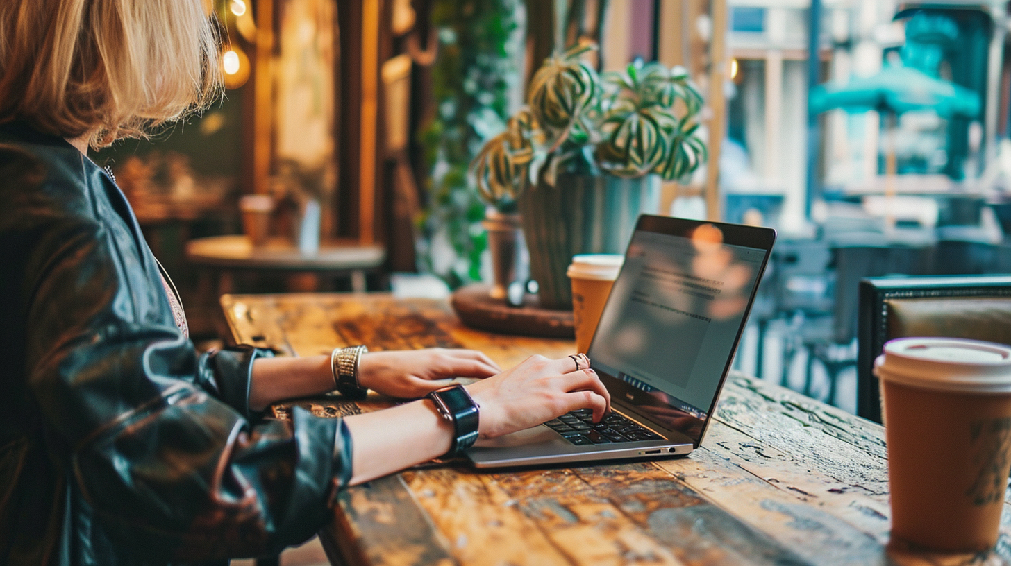 4. Woman typing in coffee shop