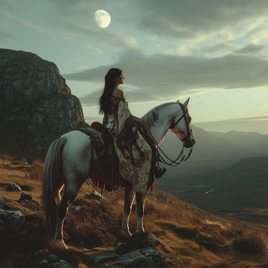 Celtic goddess Rhiannon on horseback in the Scottish mountains