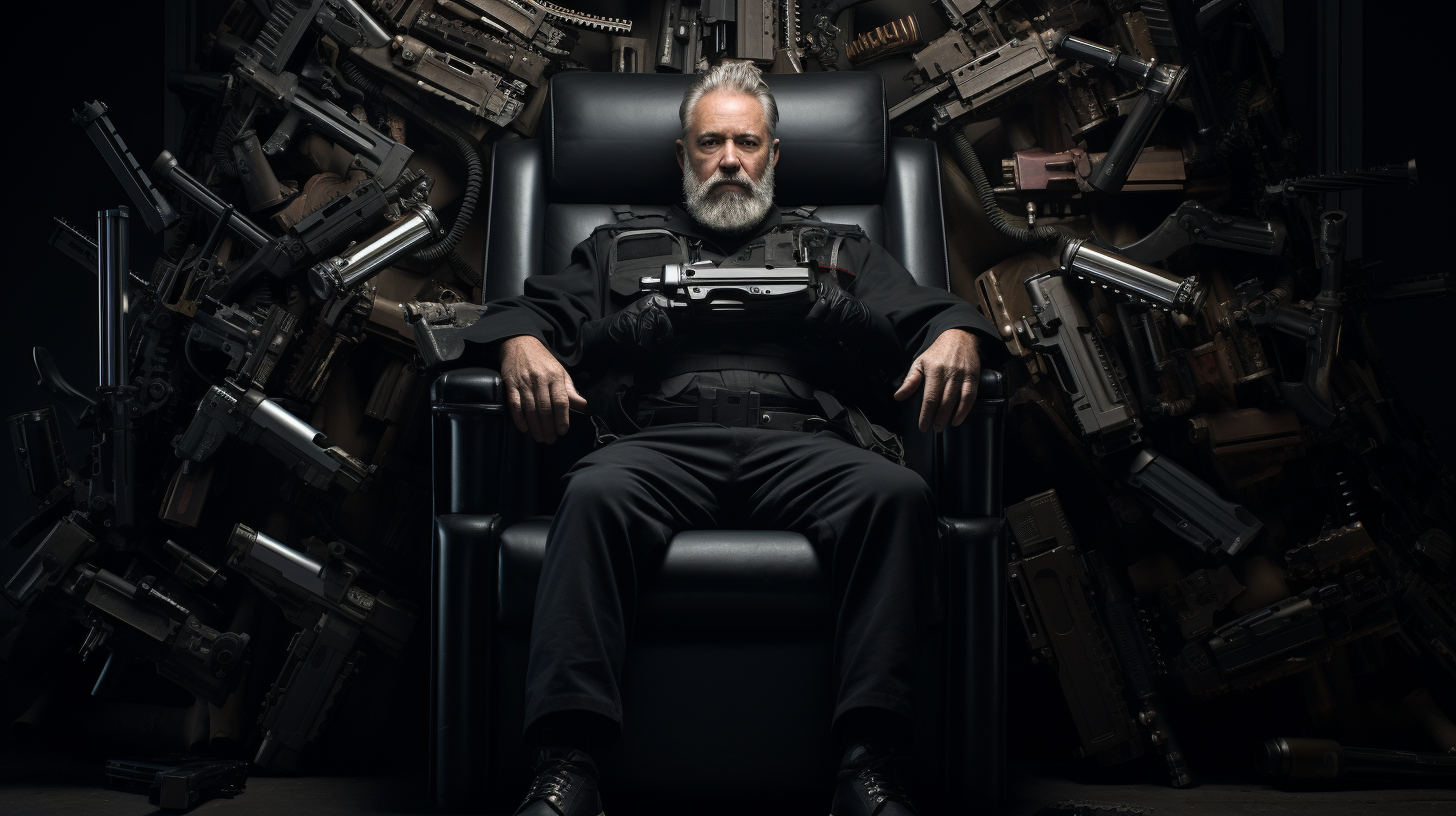 4. 55 year old man sitting in a throne made of guns