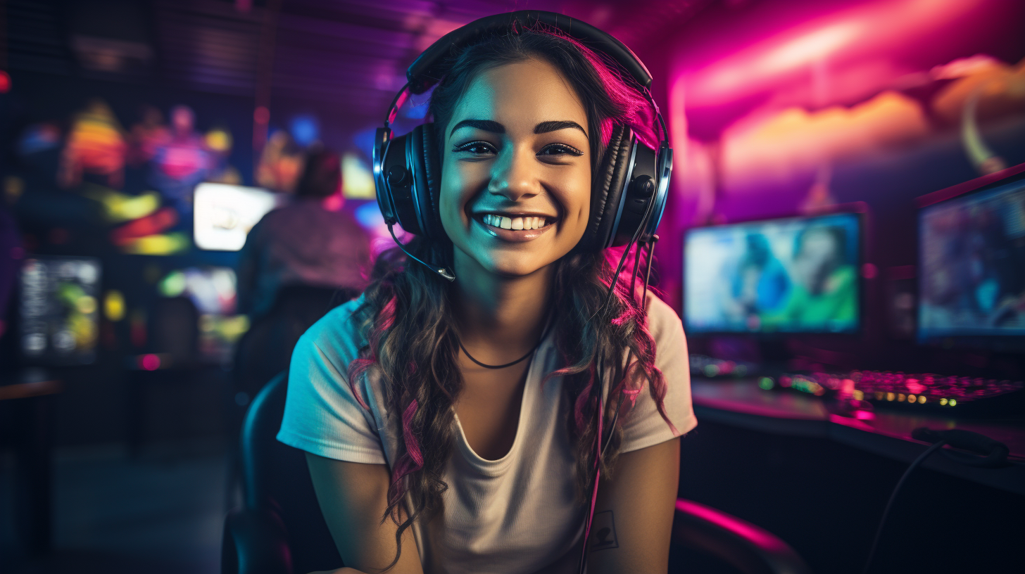 4. Smiling woman with long hair playing Xbox