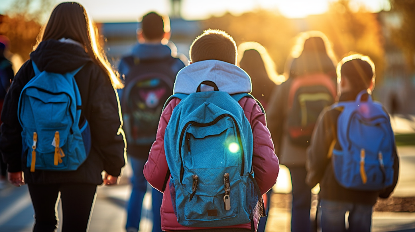 4. Backview of middle school students with backpacks playing in the playground