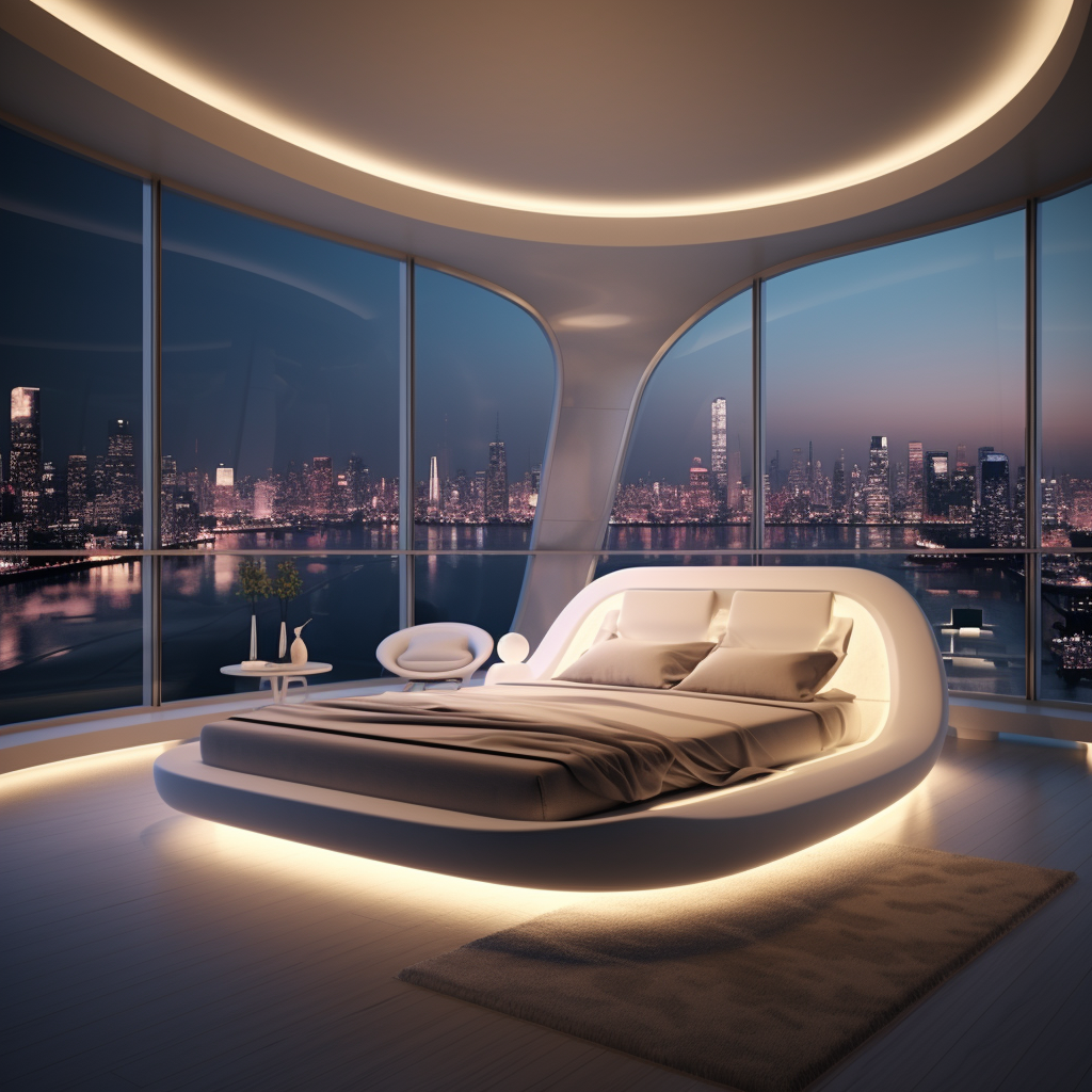 4. Cozy bed in modern room with rainy night view