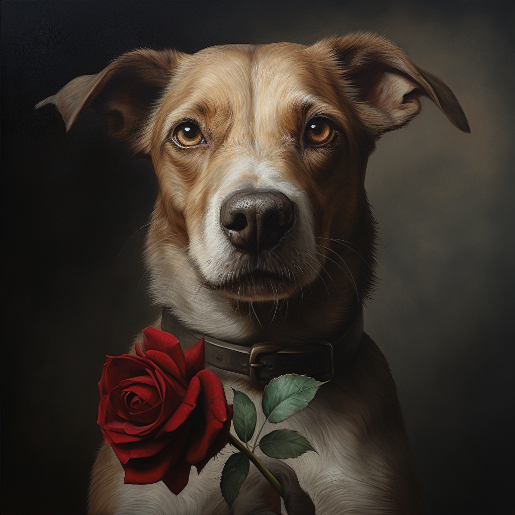 Realistic dog with rose in mouth