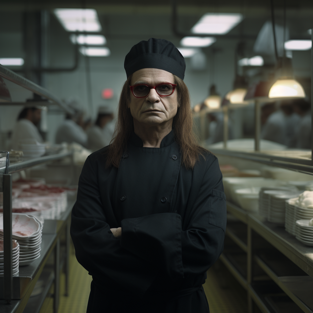 Ozzy Osbourne wearing hairnet in kitchen