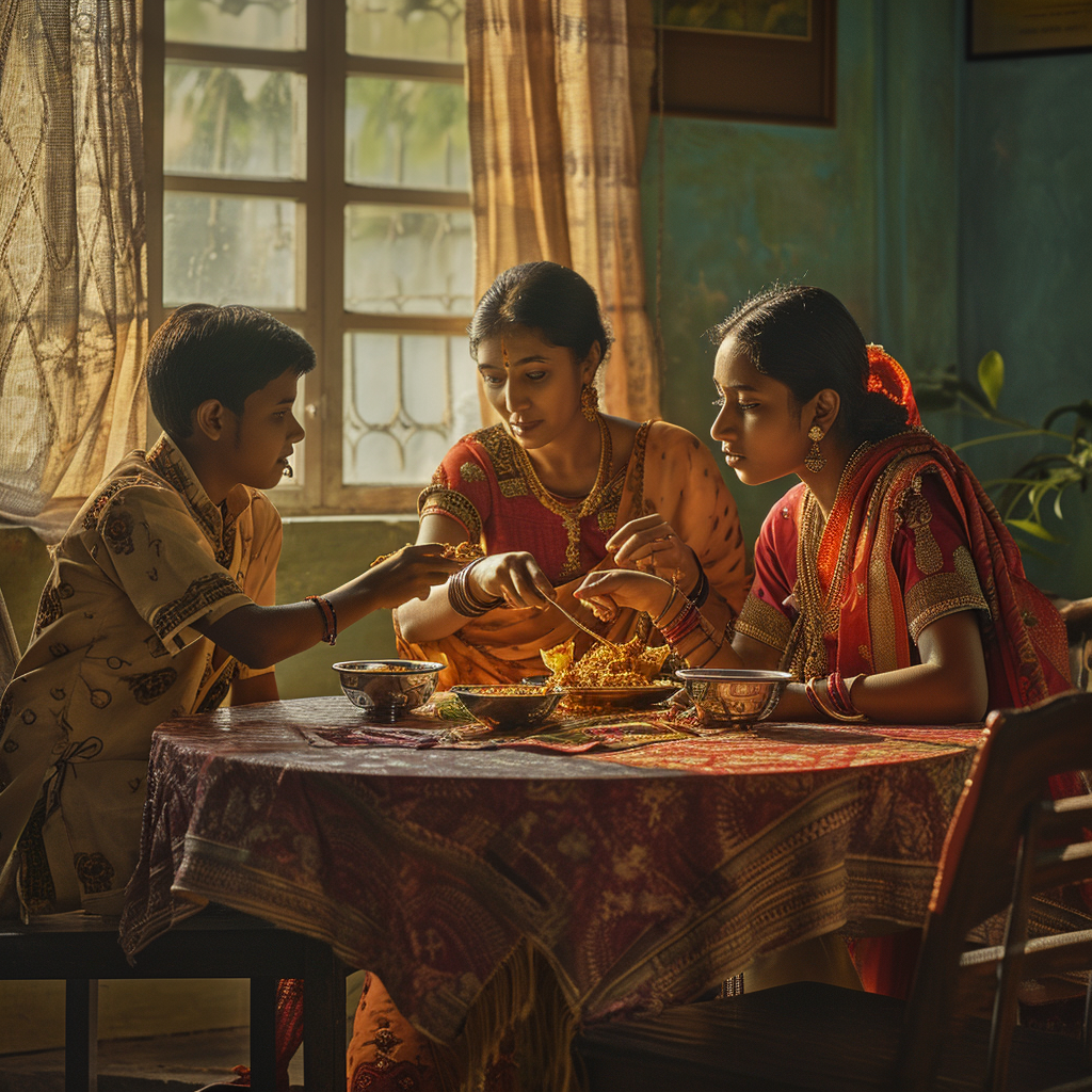 Indian family eating dinner together