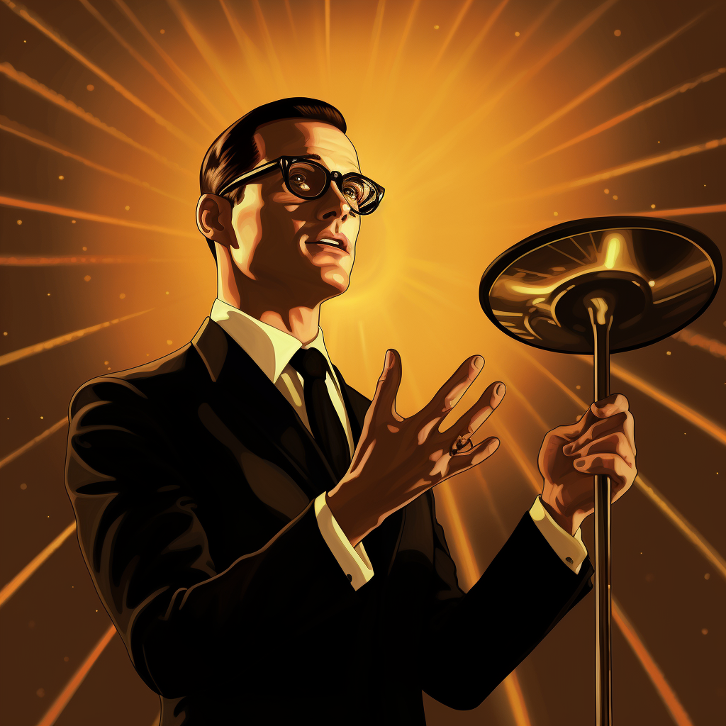 4. Stylish man holding golden microphone under UFO spotlight