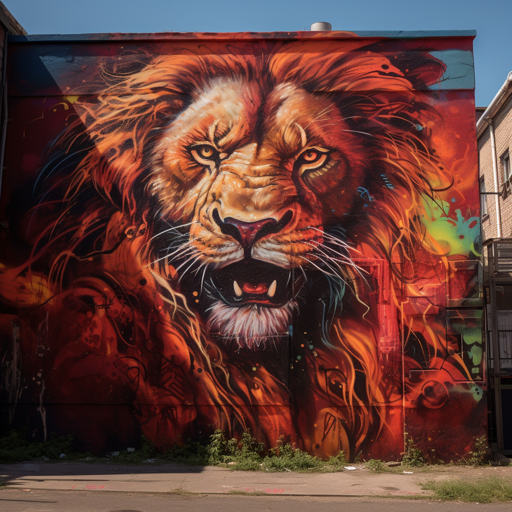 4. Colorful lion graffiti on city wall (ALT Text)