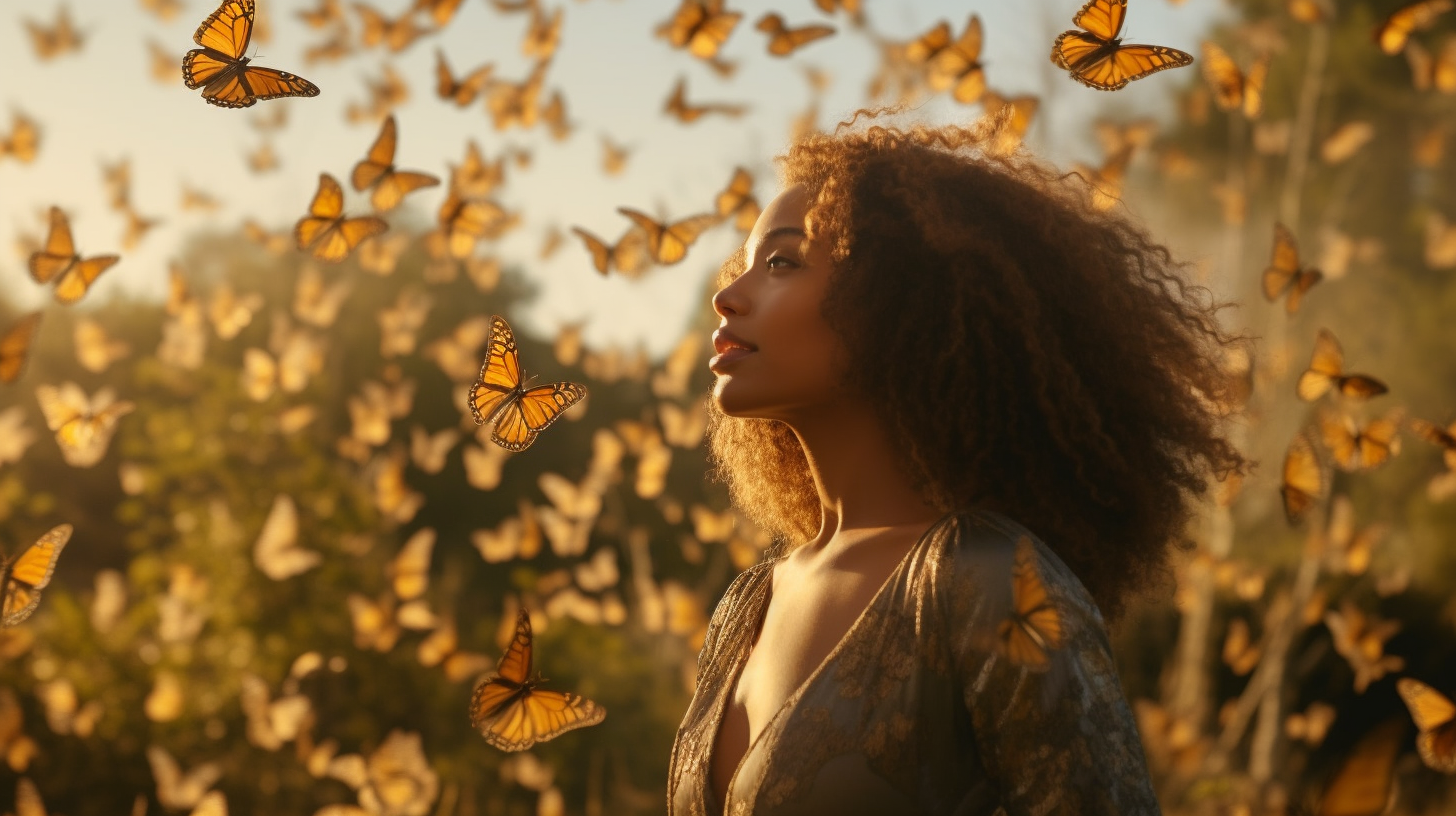 4. Happy black woman in meadow with butterflies