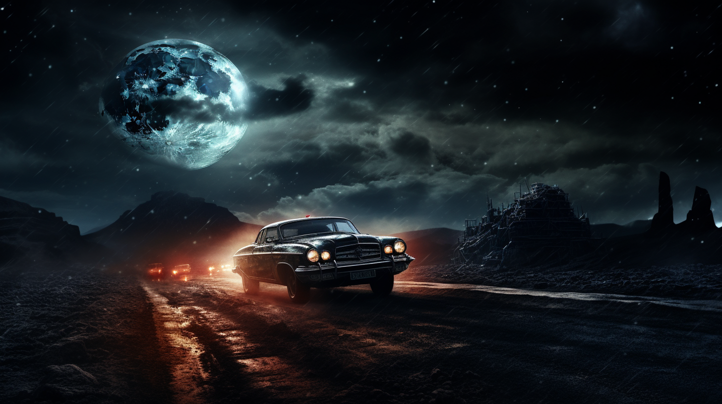 4. Cars racing on lunar surface with neon lights