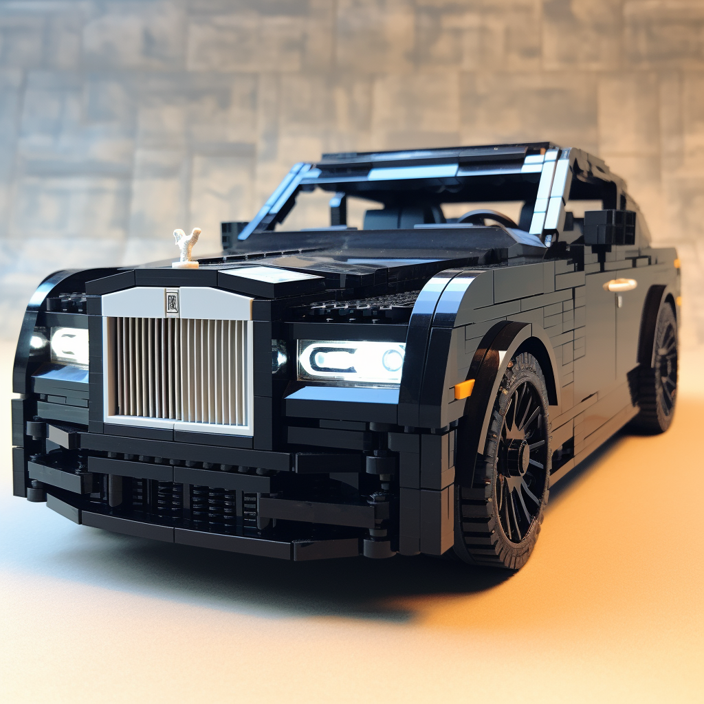 4. LEGO model of matte black Rolls Royce with lucky license plate