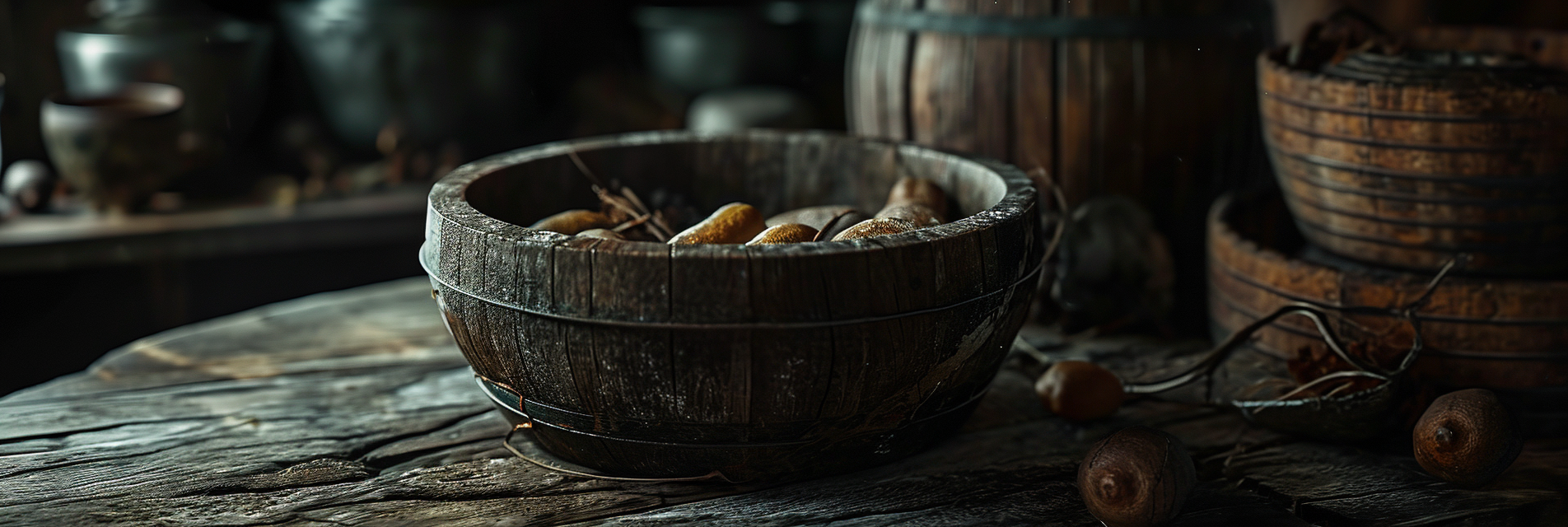 4.  Close-up of Medieval Wooden Bowl with Pelmeně