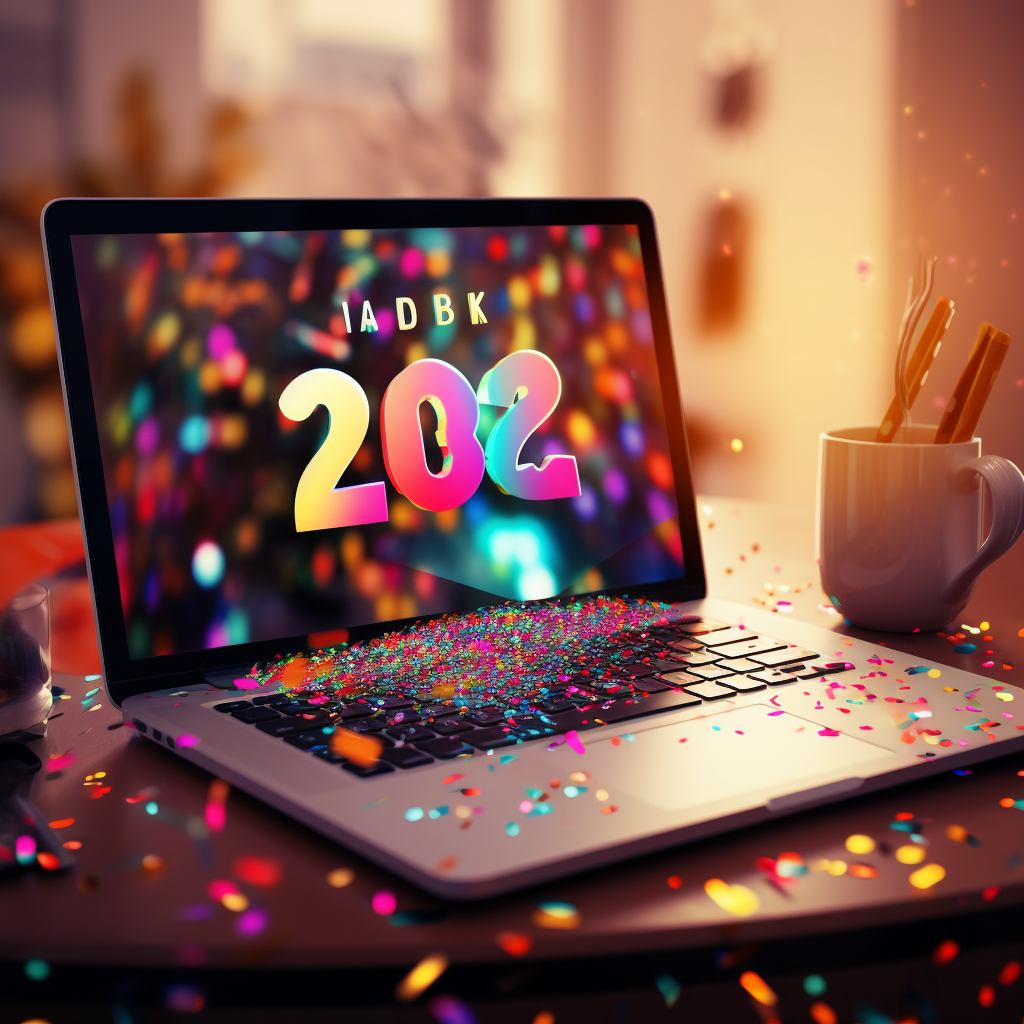 4. Festive laptop with digital confetti and streamers