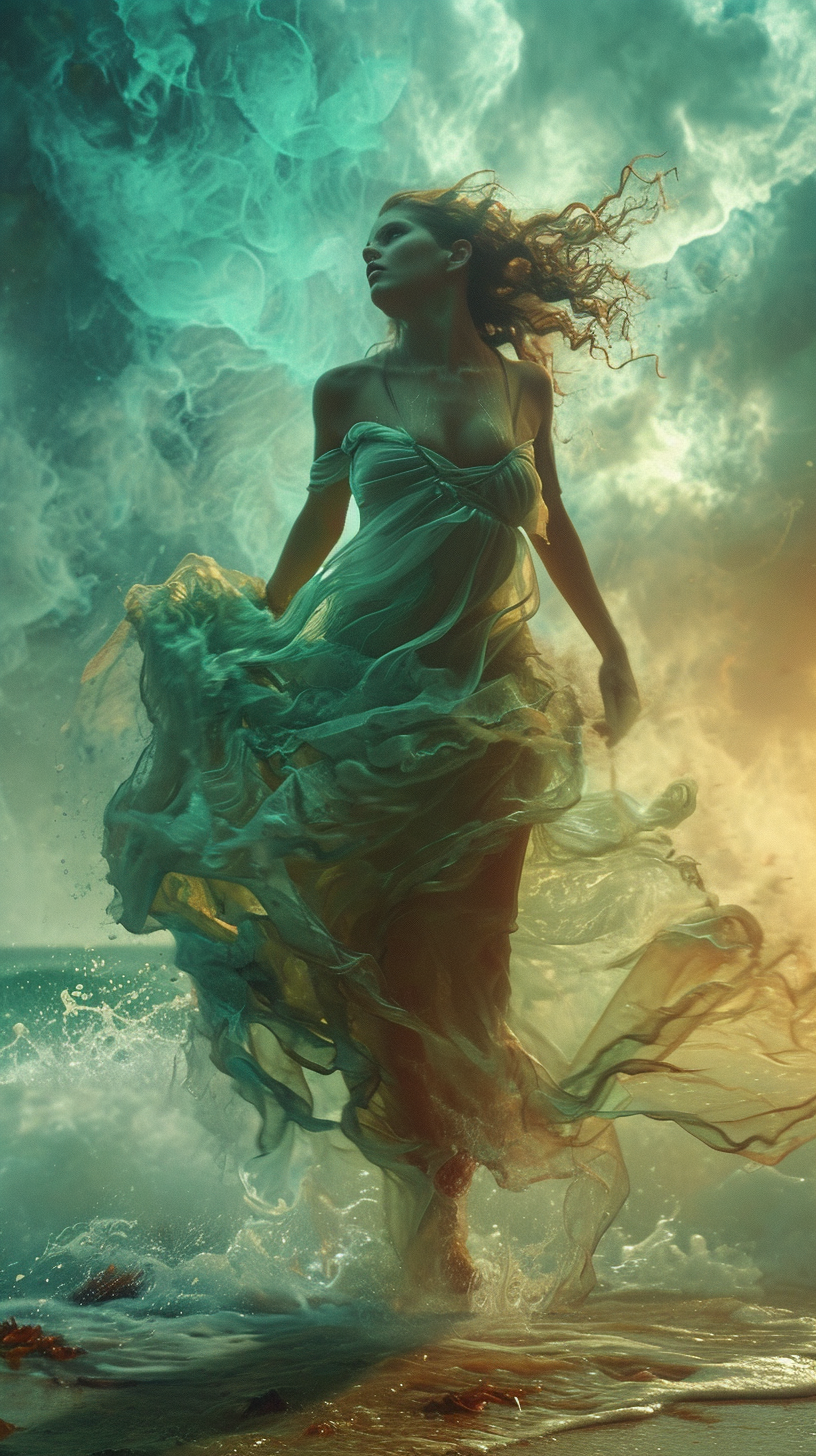 4. Image of mesmerizing oceanic goddess walking on a beach