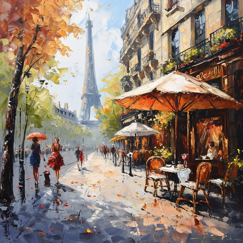 4. Colorful street scene with people and Eiffel Tower