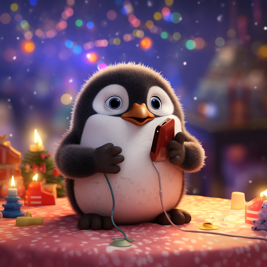 4. Penguin talking on the phone at a New Year's party