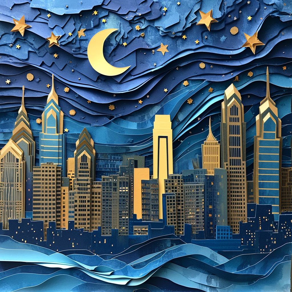 4. Philadelphia skyline with layered paper and dreamy blue colors