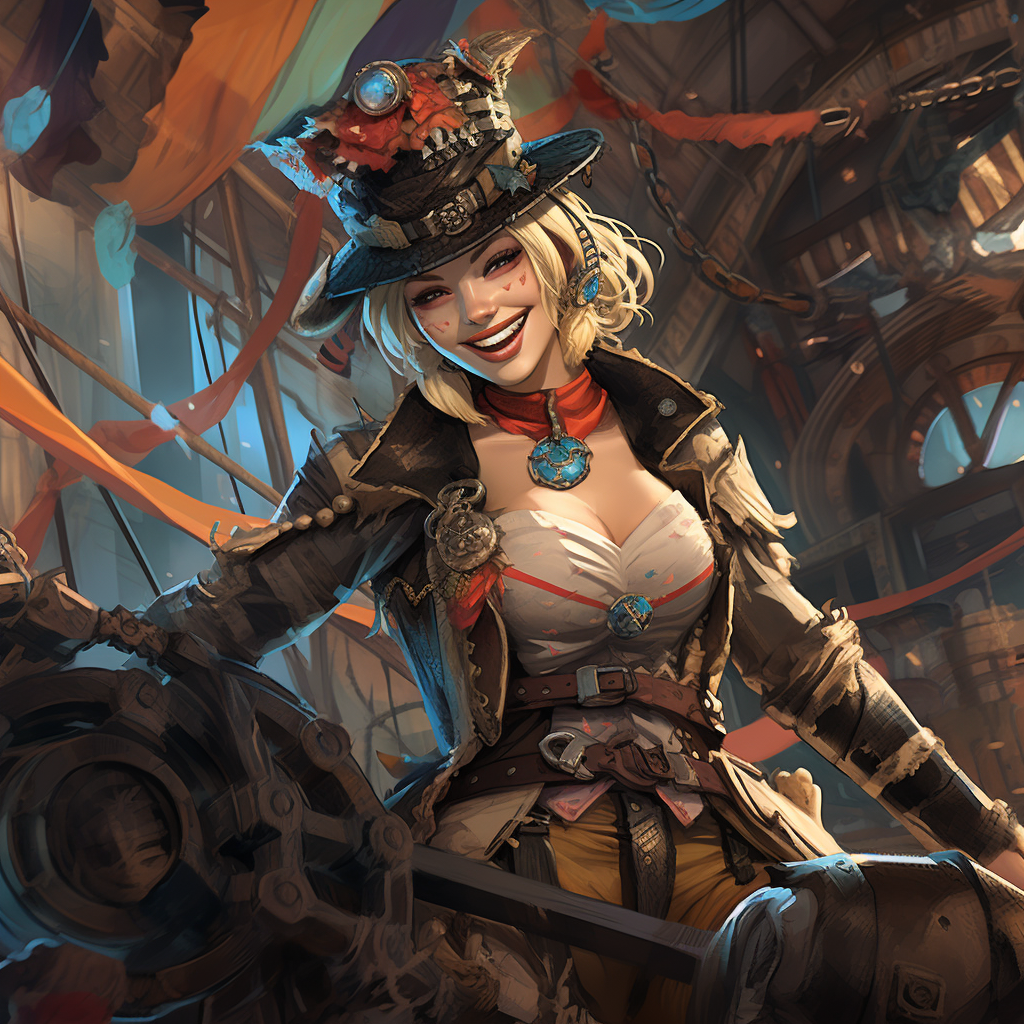 4.  Joyful smile on pirate Harley Quinn riding a wheeled schooner