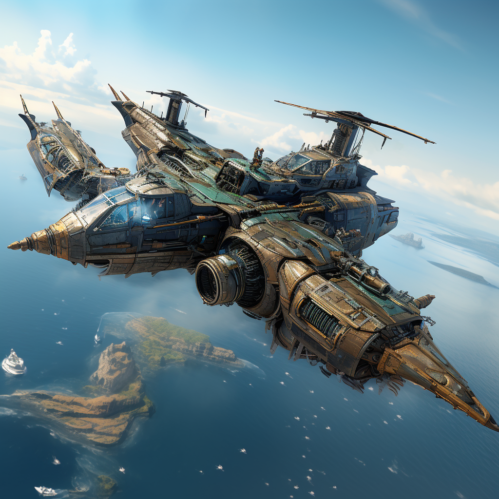 4. Image of battle-worn pirate starship flying in low orbit.