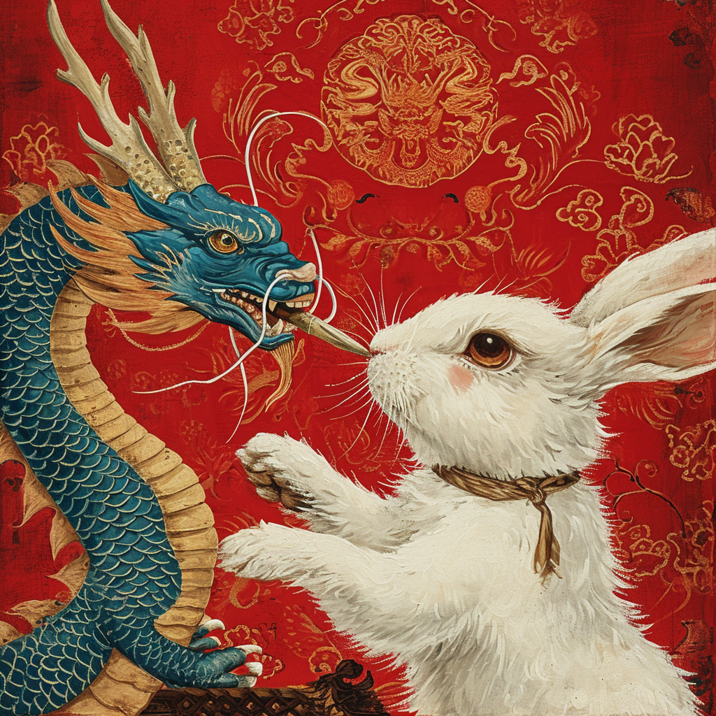 4. Adorable Rabbit and Dragon Passing Baton on Chinese Red Background