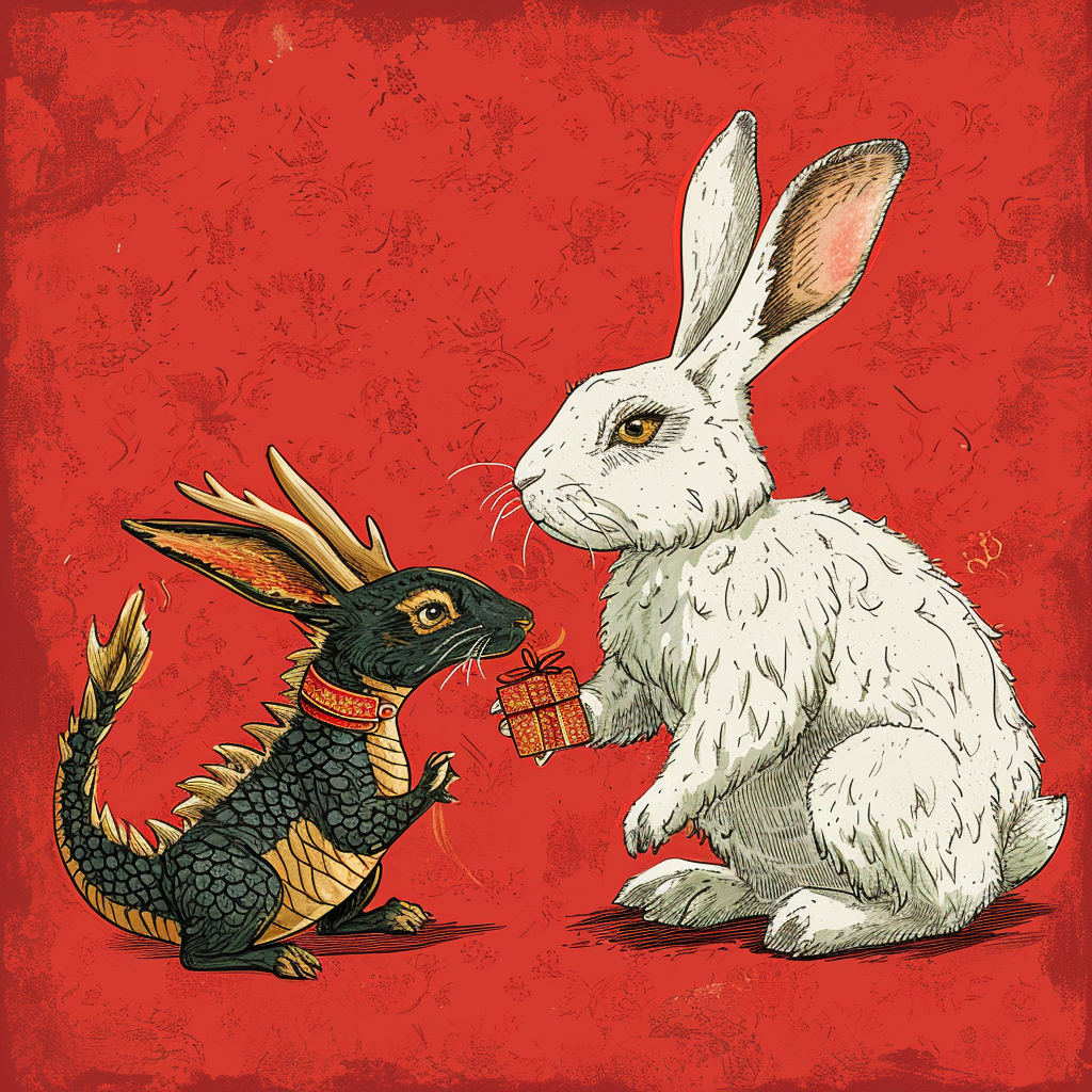 4. Gift from rabbit to dragon on Chinese red background