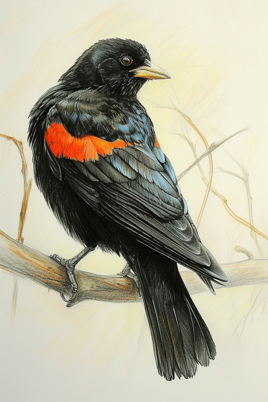 4. Beautiful blackbird sketch showing intricate details of its wings