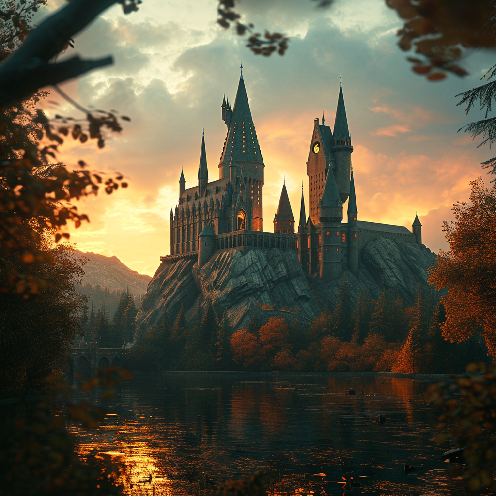 4.  Retrowave Hogwarts Castle in Expansive Landscape