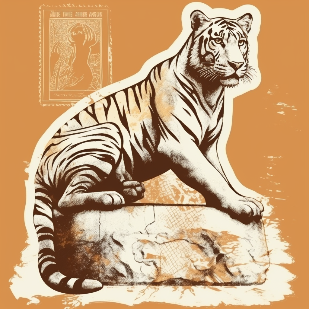 4. A stunning artwork of a sitting tiger sculpture stamp.