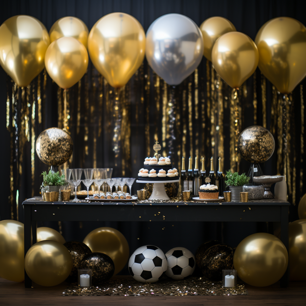 4. Soccer-themed New Year Party image with balloons and players.