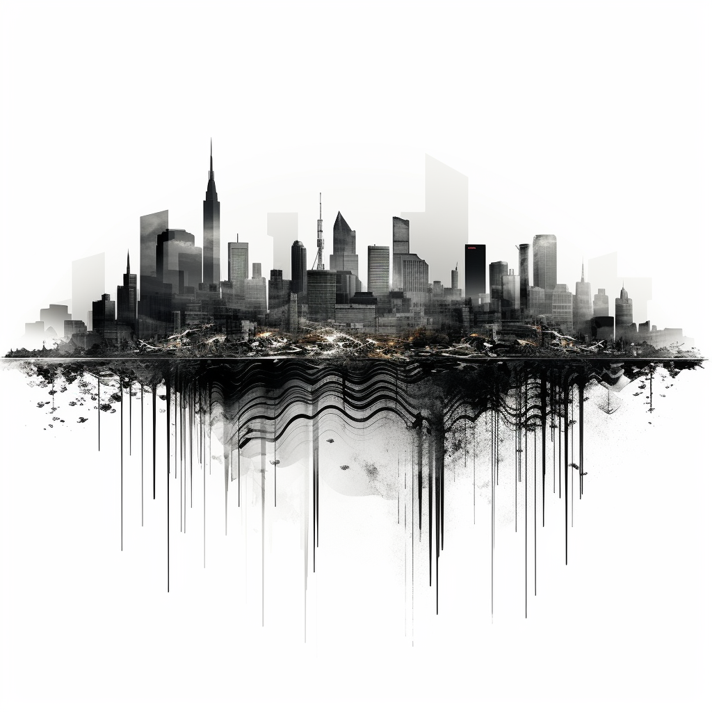 4. Vibrant soundwave graphic of city landscape in black and white