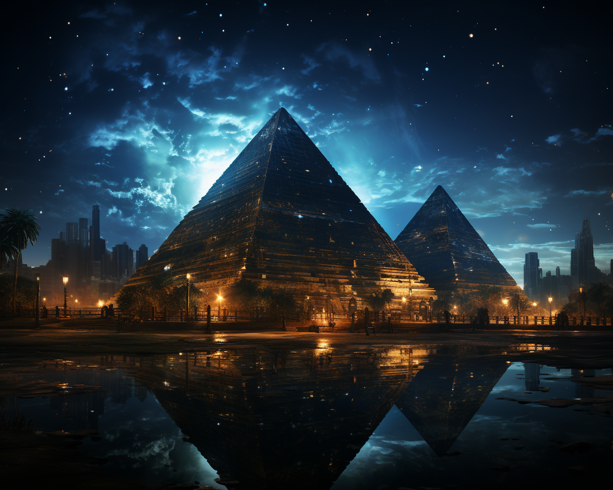 4. Stunning image of Sphinx and 3 pyramids against alabaster night