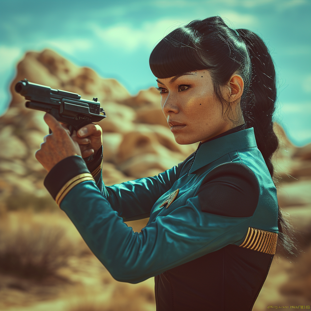 4.  Female Spock shooting phaser in action