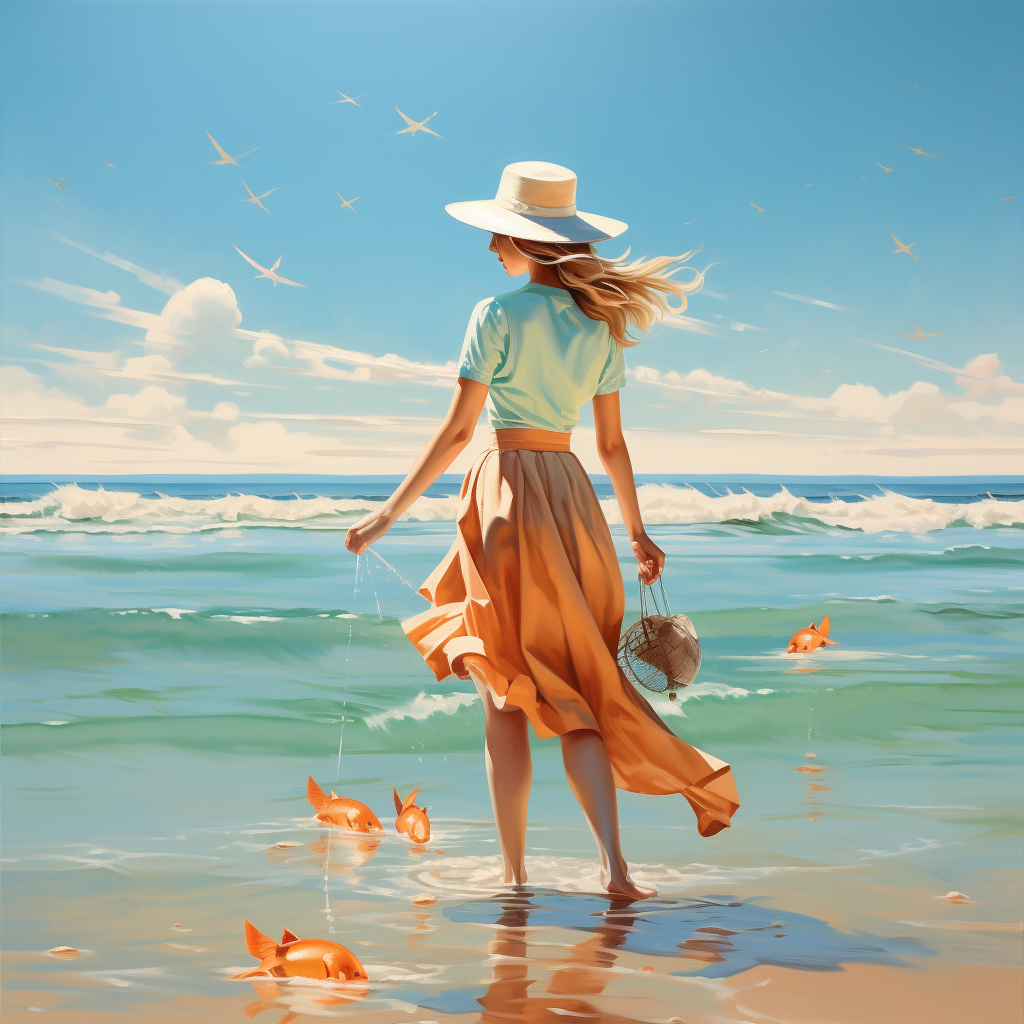 4. Image of a woman fishing on a sunny beach