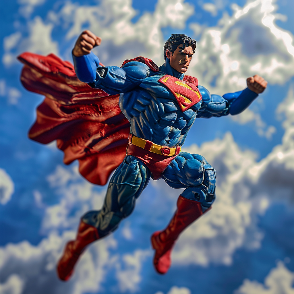 4.  Superman action figure in floating pose with cartoonized sky as background