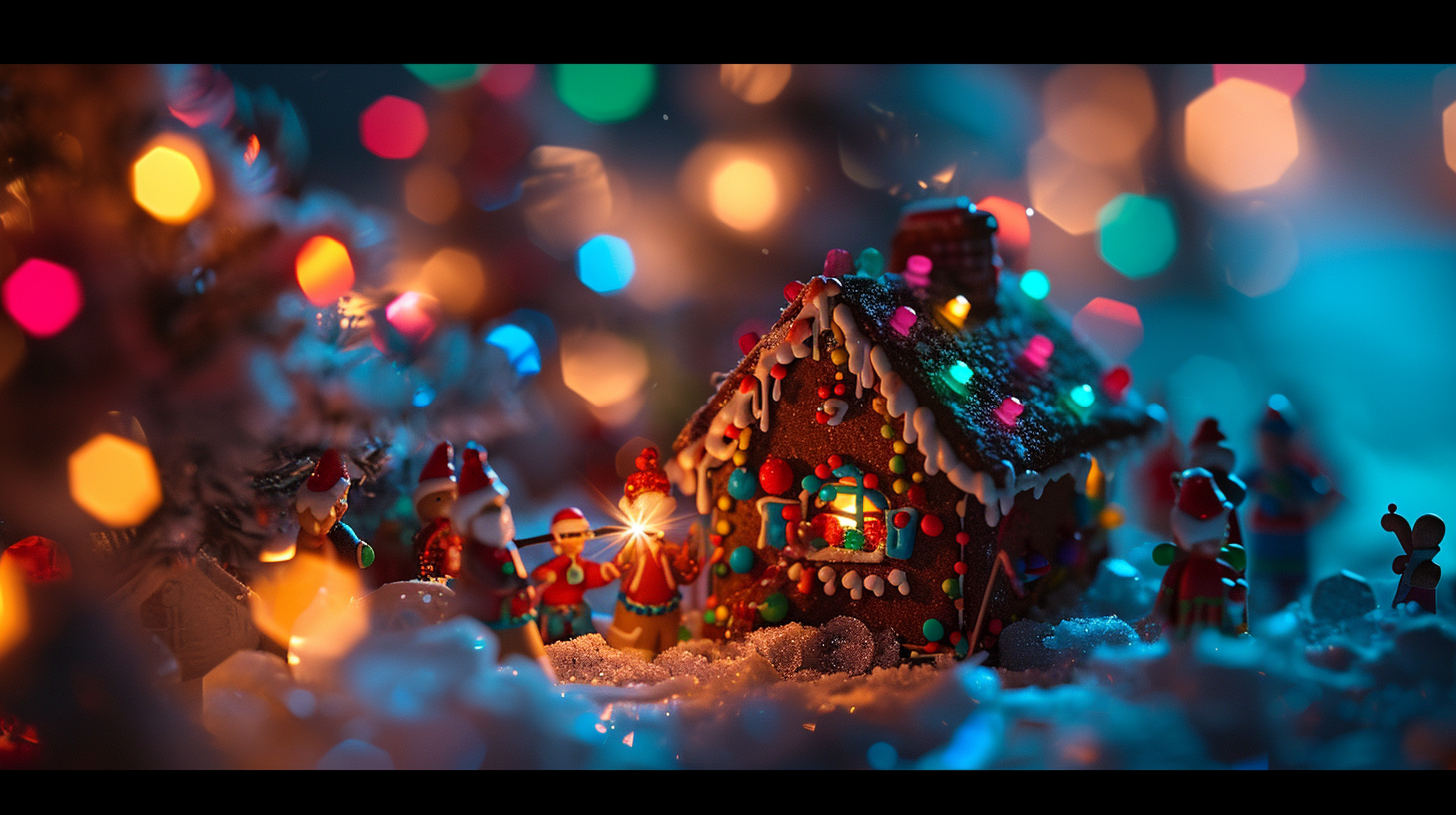 4. Image of tiny people celebrating New Year in gingerbread house