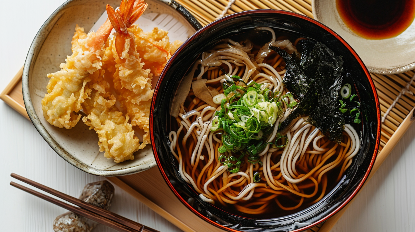 4. Traditional Japanese noodle dish with tempura on top