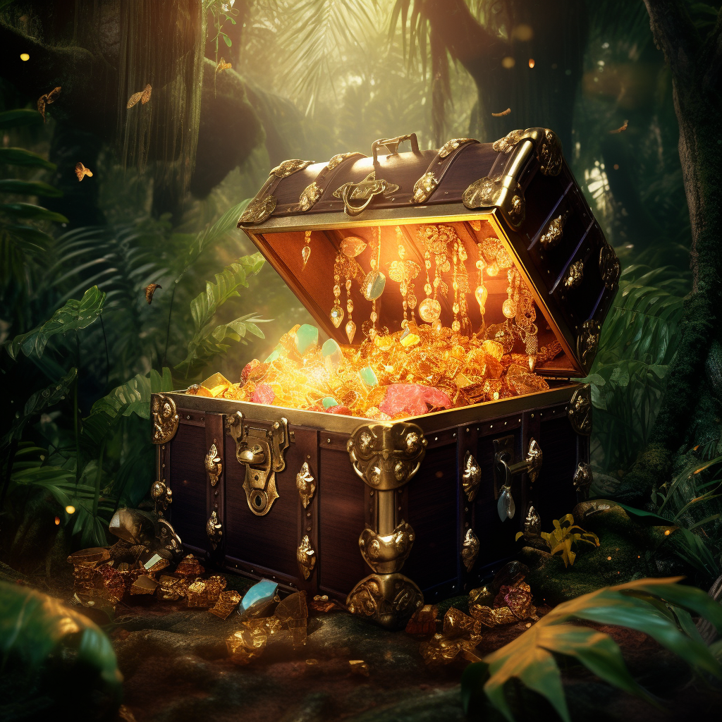 4. Image of an open treasure chest with gold and gems