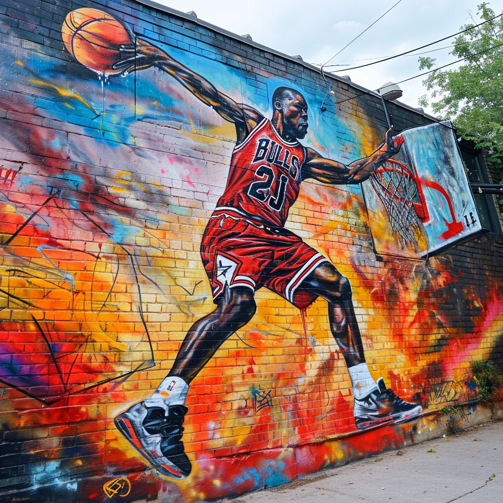 4.  Nostalgic mural of Michael Jordan in urban setting